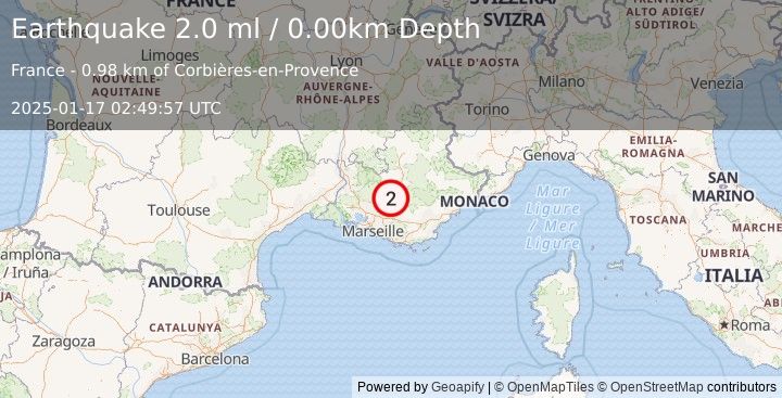 Earthquake NEAR SOUTH COAST OF FRANCE (2.0 ml) (2025-01-17 02:49:57 UTC)