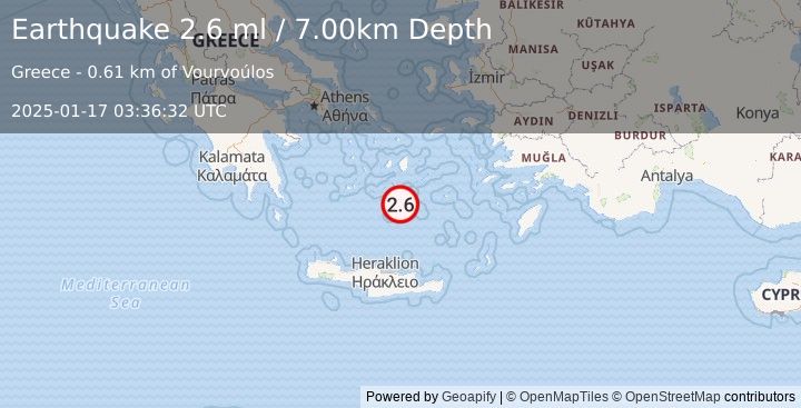 Earthquake DODECANESE ISLANDS, GREECE (2.6 ml) (2025-01-17 03:36:32 UTC)