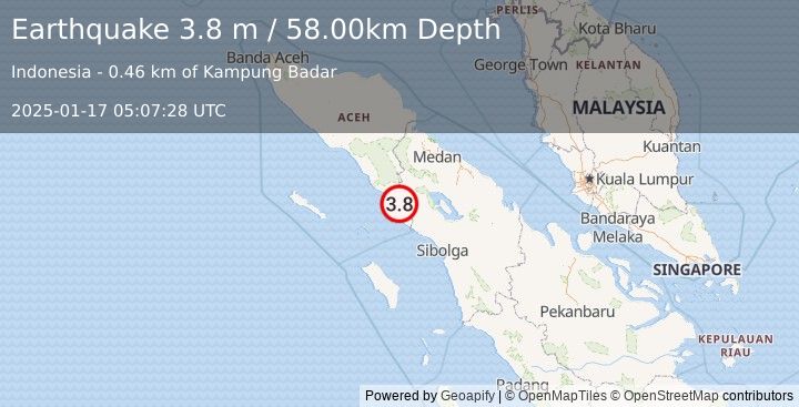 Earthquake NORTHERN SUMATRA, INDONESIA (3.8 m) (2025-01-17 05:07:28 UTC)