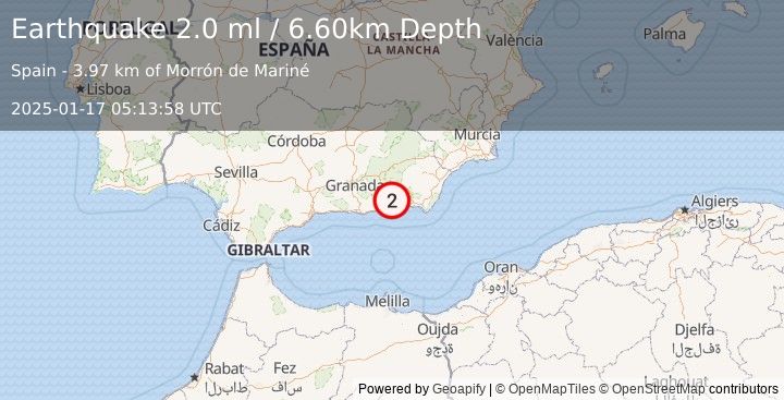 Earthquake STRAIT OF GIBRALTAR (2.0 ml) (2025-01-17 05:13:58 UTC)