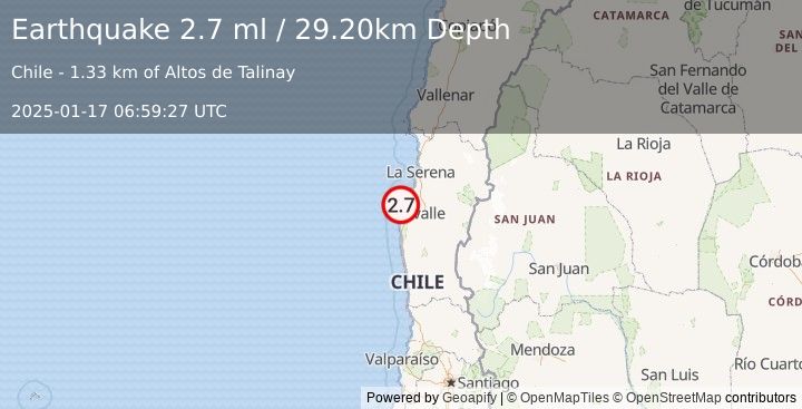 Earthquake COQUIMBO, CHILE (2.7 ml) (2025-01-17 06:59:27 UTC)