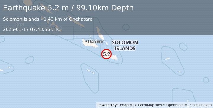 Earthquake SOLOMON ISLANDS (5.2 m) (2025-01-17 07:43:56 UTC)