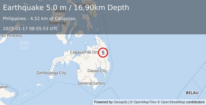 Earthquake MINDANAO, PHILIPPINES (5.0 m) (2025-01-17 08:55:53 UTC)