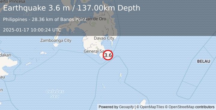 Earthquake MINDANAO, PHILIPPINES (3.6 m) (2025-01-17 10:00:24 UTC)