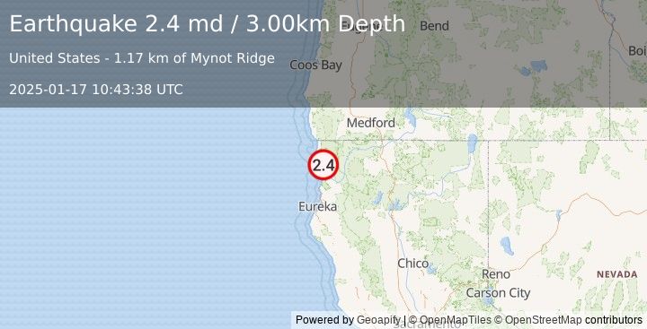 Earthquake NORTHERN CALIFORNIA (2.4 md) (2025-01-17 10:43:38 UTC)