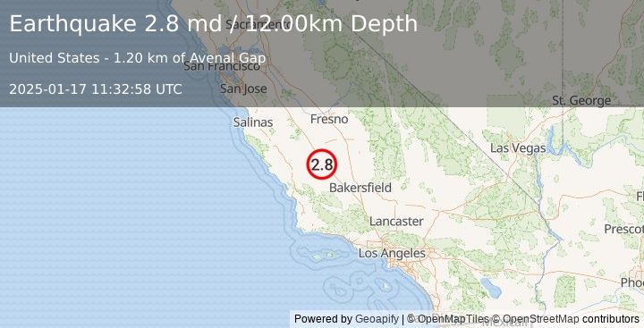 Earthquake CENTRAL CALIFORNIA (2.8 md) (2025-01-17 11:32:58 UTC)