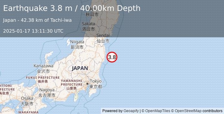 Earthquake NEAR EAST COAST OF HONSHU, JAPAN (3.8 m) (2025-01-17 13:11:30 UTC)