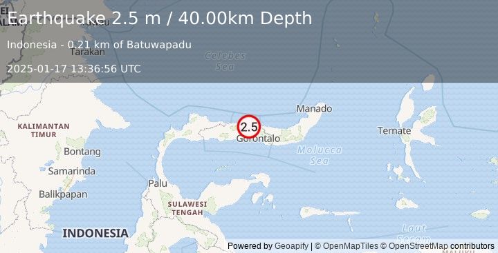 Earthquake MINAHASA, SULAWESI, INDONESIA (2.5 m) (2025-01-17 13:36:56 UTC)