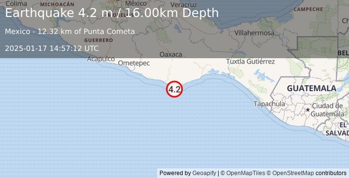 Earthquake OFFSHORE OAXACA, MEXICO (4.2 m) (2025-01-17 14:57:12 UTC)