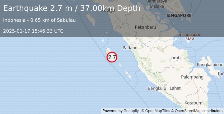 Earthquake KEP. MENTAWAI REGION, INDONESIA (2.7 m) (2025-01-17 15:46:33 UTC)