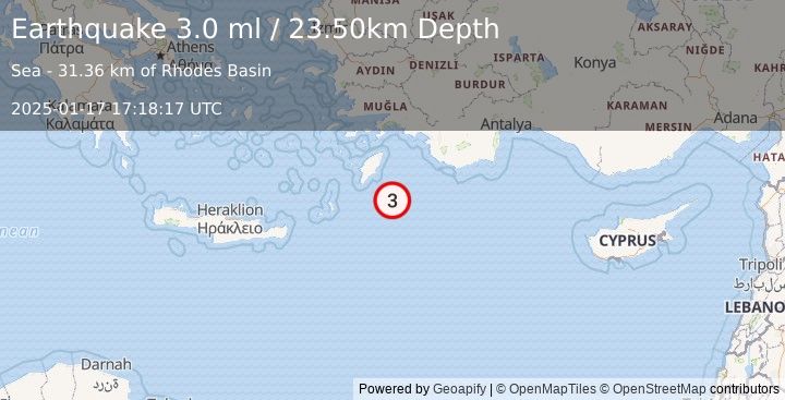 Earthquake EASTERN MEDITERRANEAN SEA (3.0 ml) (2025-01-17 17:18:18 UTC)