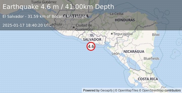 Earthquake OFFSHORE EL SALVADOR (4.6 m) (2025-01-17 18:40:20 UTC)