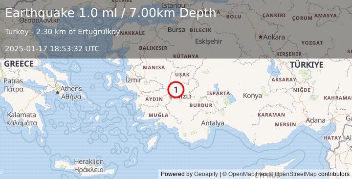 Earthquake WESTERN TURKEY (1.0 ml) (2025-01-17 18:53:32 UTC)