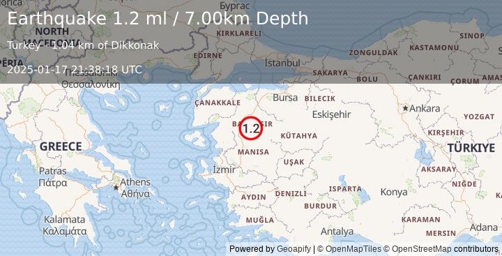 Earthquake WESTERN TURKEY (1.2 ml) (2025-01-17 21:38:18 UTC)