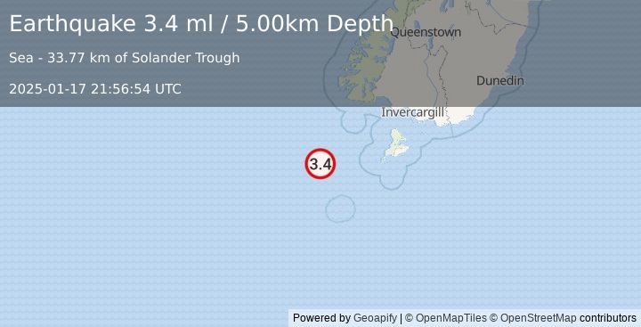 Earthquake OFF W. COAST OF S. ISLAND, N.Z. (3.4 ml) (2025-01-17 21:56:54 UTC)