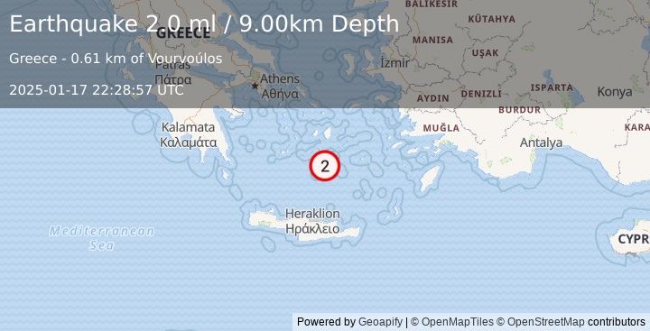 Earthquake DODECANESE ISLANDS, GREECE (2.0 ml) (2025-01-17 22:28:57 UTC)