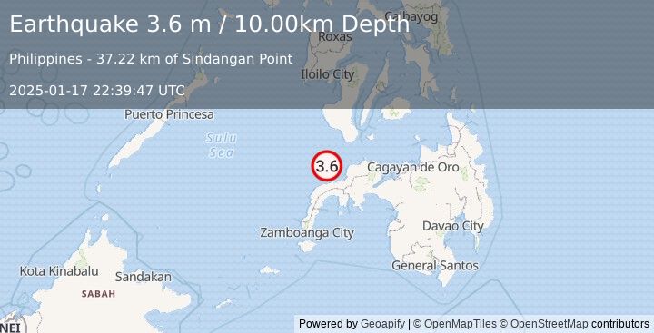 Earthquake MINDANAO, PHILIPPINES (3.6 m) (2025-01-17 22:39:47 UTC)