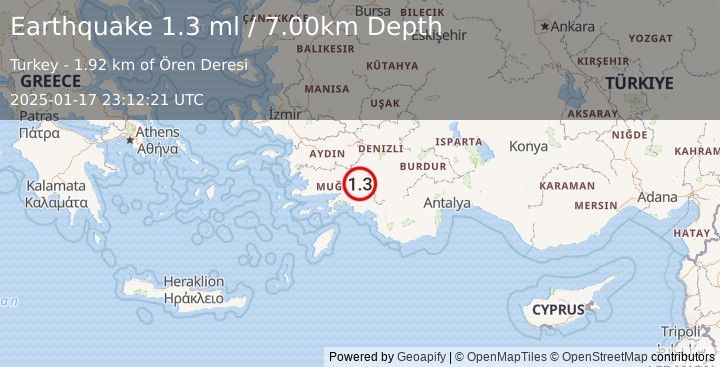 Earthquake WESTERN TURKEY (1.3 ml) (2025-01-17 23:12:21 UTC)