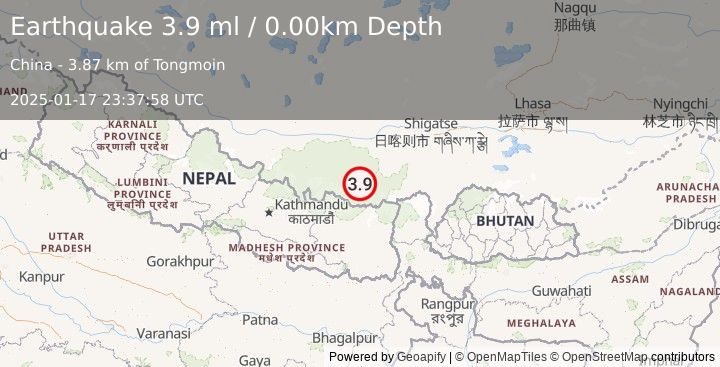 Earthquake WESTERN XIZANG (3.9 ml) (2025-01-17 23:37:58 UTC)