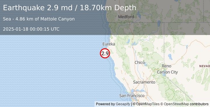 Earthquake OFFSHORE NORTHERN CALIFORNIA (2.9 md) (2025-01-18 00:00:15 UTC)