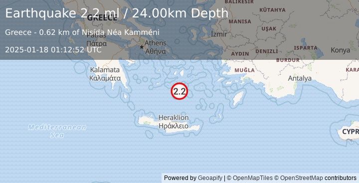 Earthquake DODECANESE ISLANDS, GREECE (2.2 ml) (2025-01-18 01:12:52 UTC)