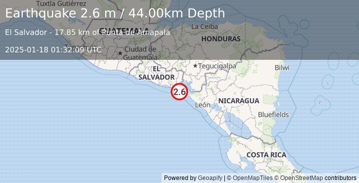 Earthquake OFFSHORE EL SALVADOR (2.6 m) (2025-01-18 01:32:09 UTC)