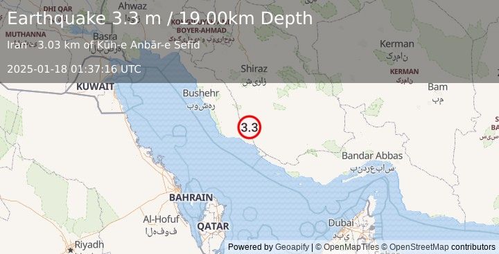 Earthquake SOUTHERN IRAN (3.3 m) (2025-01-18 01:37:16 UTC)