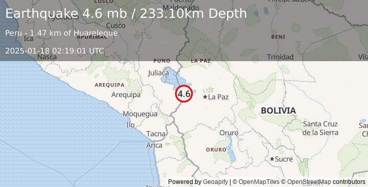 Earthquake SOUTHERN PERU (4.6 mb) (2025-01-18 02:19:01 UTC)