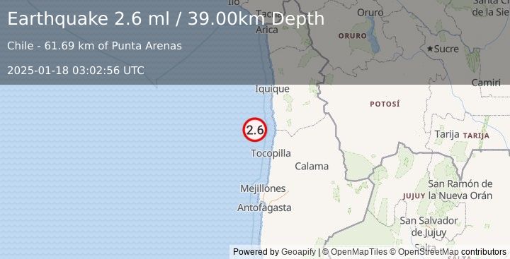 Earthquake OFFSHORE ANTOFAGASTA, CHILE (2.6 ml) (2025-01-18 03:02:56 UTC)