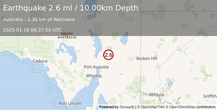 Earthquake SOUTH AUSTRALIA (2.6 ml) (2025-01-18 06:37:50 UTC)