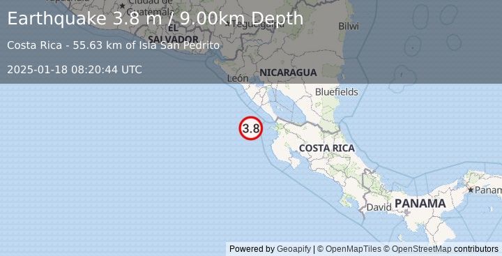 Earthquake OFF COAST OF COSTA RICA (3.8 m) (2025-01-18 08:20:44 UTC)