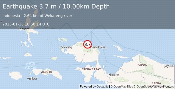 Earthquake NEAR N COAST OF PAPUA, INDONESIA (3.7 m) (2025-01-18 10:50:14 UTC)