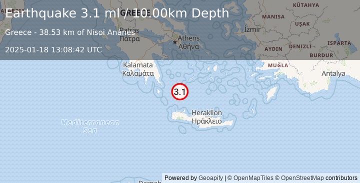 Earthquake CRETE, GREECE (2.3 ml) (2025-01-18 13:08:53 UTC)