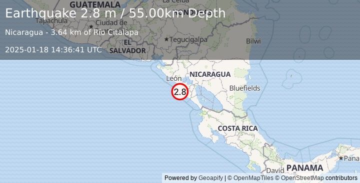 Earthquake NEAR COAST OF NICARAGUA (2.8 m) (2025-01-18 14:36:41 UTC)