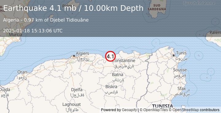 Earthquake NORTHERN ALGERIA (4.1 mb) (2025-01-18 15:13:06 UTC)