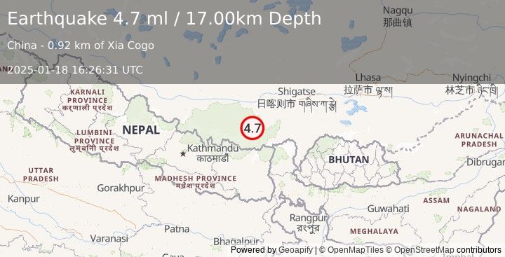 Earthquake WESTERN XIZANG (4.7 ml) (2025-01-18 16:26:31 UTC)