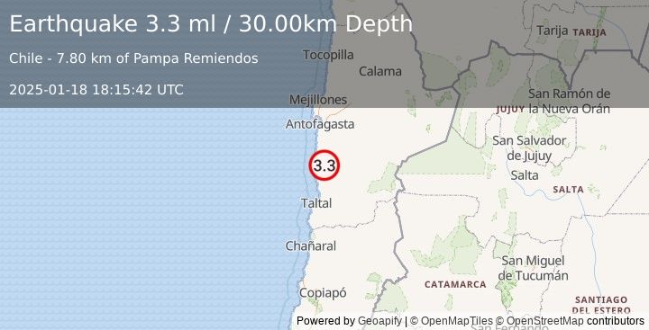 Earthquake ANTOFAGASTA, CHILE (3.3 ml) (2025-01-18 18:15:42 UTC)