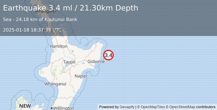 Earthquake OFF E. COAST OF N. ISLAND, N.Z. (3.4 ml) (2025-01-18 18:37:38 UTC)