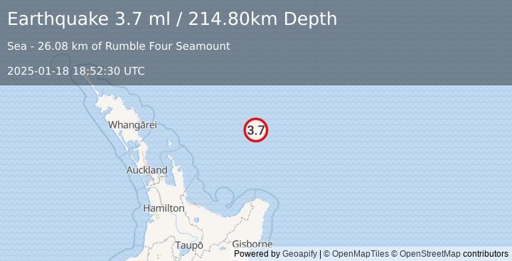 Earthquake OFF E. COAST OF N. ISLAND, N.Z. (3.7 ml) (2025-01-18 18:52:30 UTC)