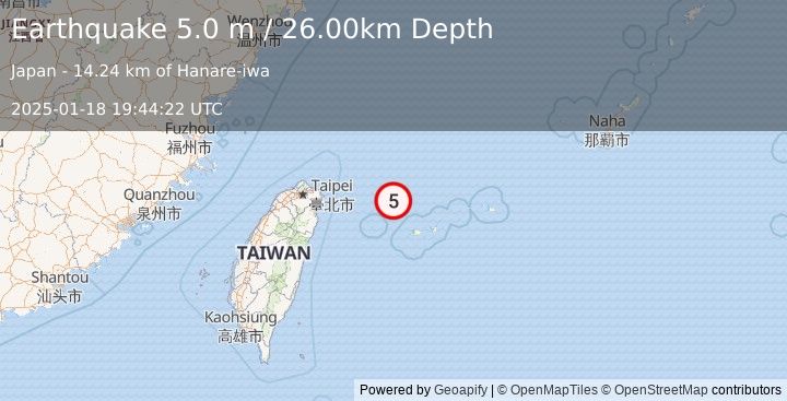 Earthquake SOUTHWESTERN RYUKYU ISL., JAPAN (5.0 m) (2025-01-18 19:44:22 UTC)