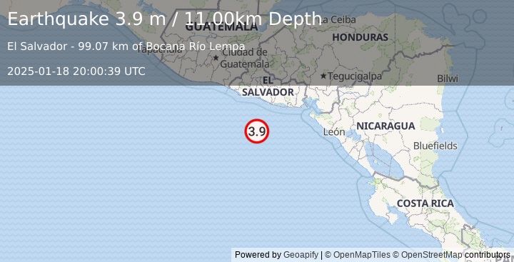 Earthquake OFFSHORE EL SALVADOR (3.9 m) (2025-01-18 20:00:39 UTC)