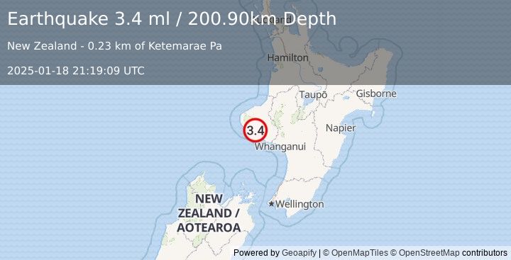 Earthquake NORTH ISLAND OF NEW ZEALAND (3.4 ml) (2025-01-18 21:19:09 UTC)