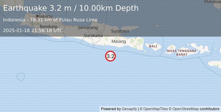 Earthquake SOUTH OF JAVA, INDONESIA (3.2 m) (2025-01-18 21:56:18 UTC)