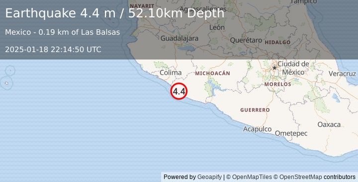 Earthquake MICHOACAN, MEXICO (4.4 m) (2025-01-18 22:14:50 UTC)