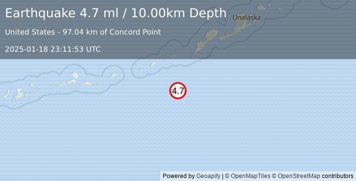 Earthquake FOX ISLANDS, ALEUTIAN ISLANDS (4.7 ml) (2025-01-18 23:11:53 UTC)