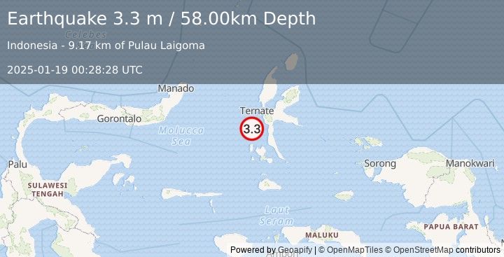 Earthquake HALMAHERA, INDONESIA (3.3 m) (2025-01-19 00:28:28 UTC)