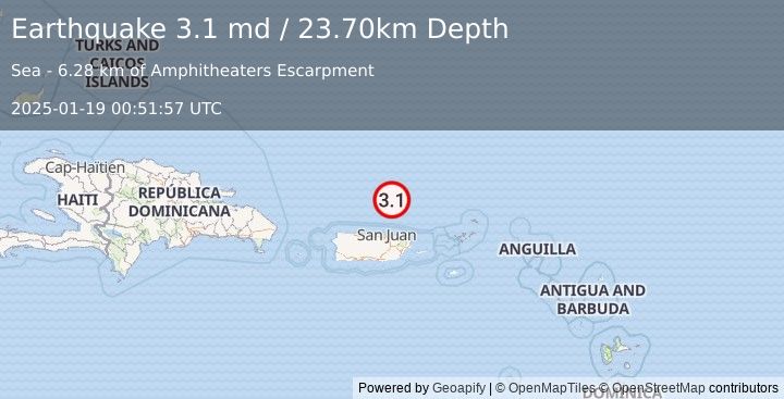 Earthquake PUERTO RICO REGION (3.1 md) (2025-01-19 00:51:57 UTC)