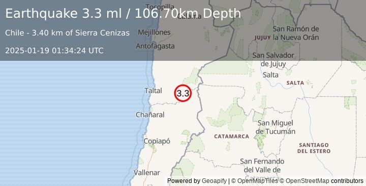 Earthquake ANTOFAGASTA, CHILE (3.3 ml) (2025-01-19 01:34:24 UTC)