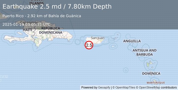 Earthquake PUERTO RICO REGION (2.5 md) (2025-01-19 03:05:31 UTC)