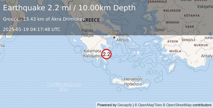 Earthquake SOUTHERN GREECE (2.2 ml) (2025-01-19 04:17:48 UTC)